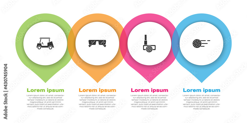 Set Golf car, Glasses, club with ball and . Business infographic template. Vector