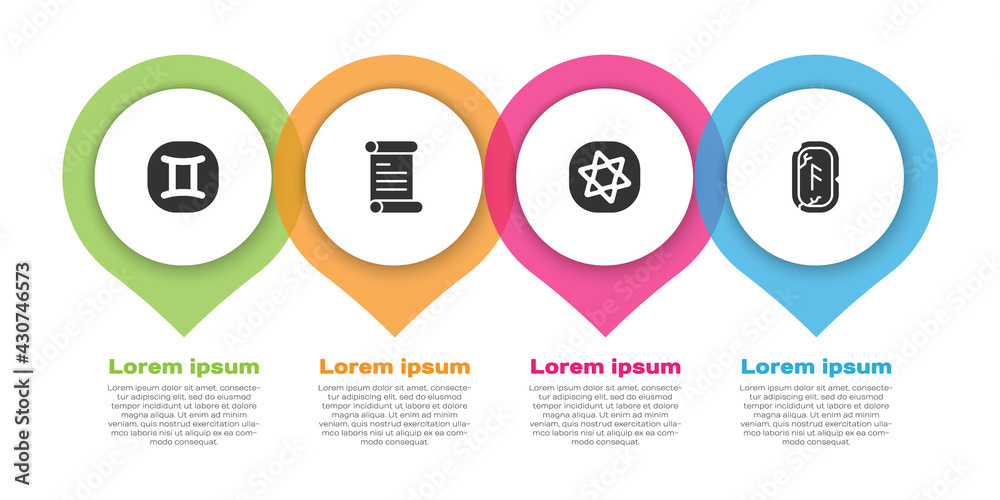 Set Gemini zodiac, Decree, parchment, scroll, Tarot cards and Magic runes. Business infographic temp