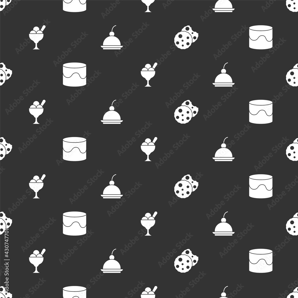 Set Cookie or biscuit, Cake, Ice cream in bowl and Cherry cheesecake on seamless pattern. Vector