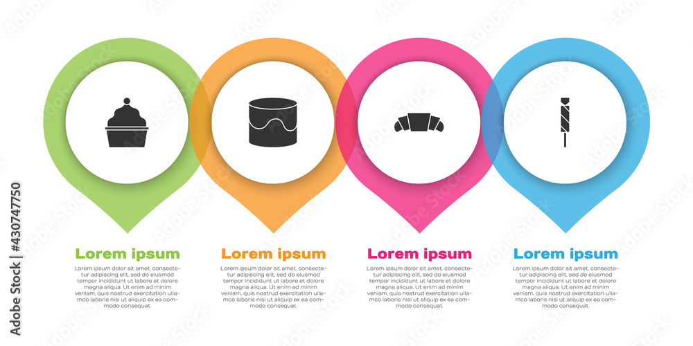 套装蛋糕、羊角面包和糖果。商业信息图模板。矢量