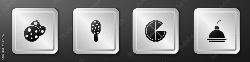 Set Cookie or biscuit, Ice cream, Homemade pie and Cherry cheesecake icon. Silver square button. Vec