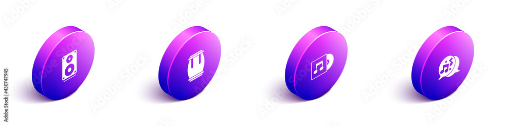 Set Isometric Stereo speaker, Drum, Vinyl disk and Music note, tone icon. Vector