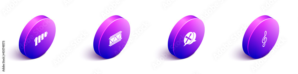 Set Isometric Pan flute, Drum, sticks and Treble clef icon. Vector