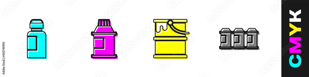 设置油漆、水粉、罐子、染料、桶和喷雾罐图标。矢量