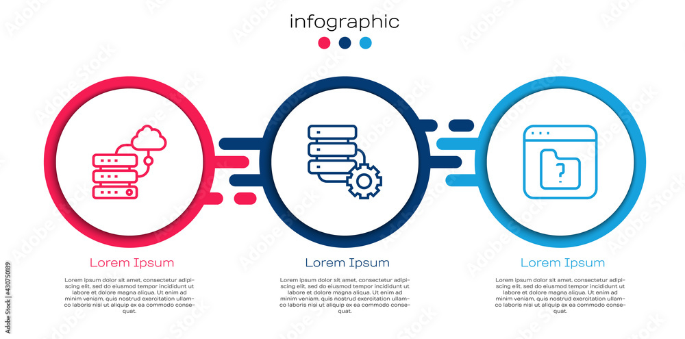 Set line Network cloud connection, Server and gear and File missing. Business infographic template. 