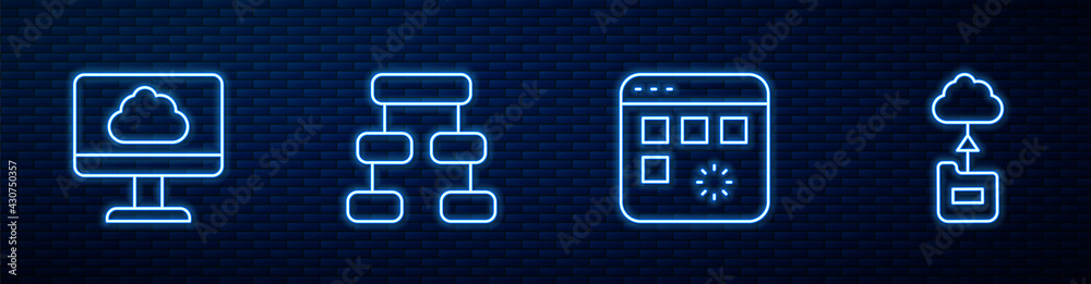 Set line Loading data window, Cloud technology transfer, Hierarchy organogram chart and . Glowing ne