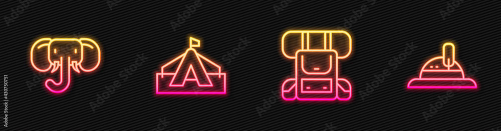 Set line Hiking backpack, Elephant, Tourist tent and Hunter hat. Glowing neon icon. Vector