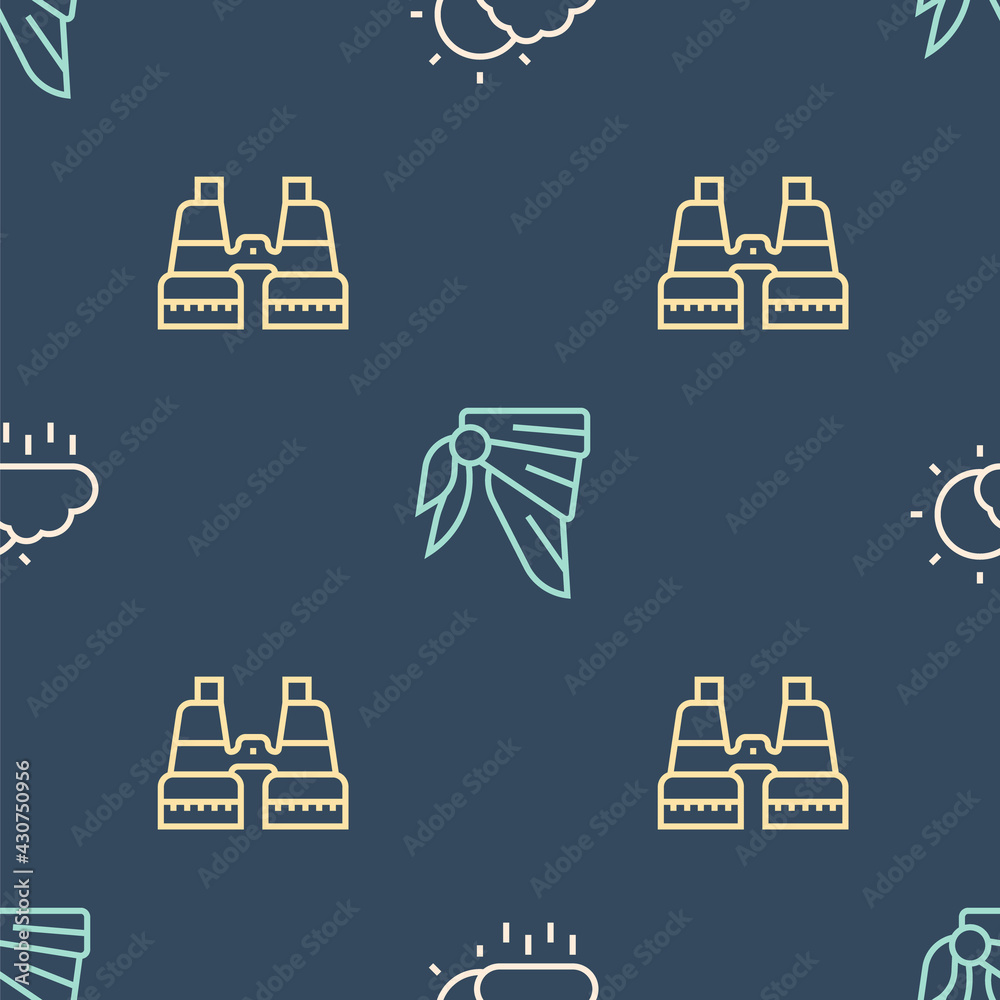 Set line Cloud with rain, Binoculars and Bandana or biker scarf on seamless pattern. Vector