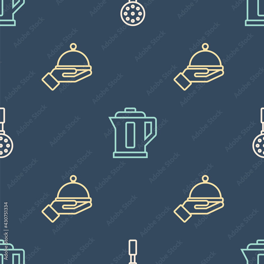 Set line Spatula, Covered with tray and Electric kettle on seamless pattern. Vector