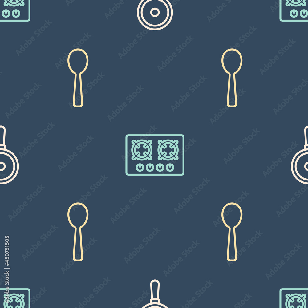 Set line Frying pan, Spoon and Gas stove on seamless pattern. Vector