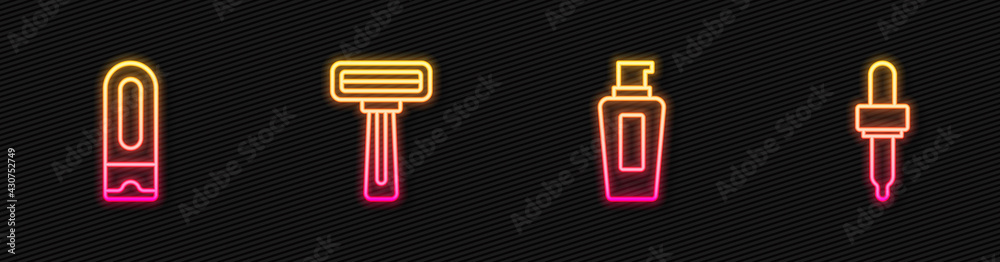 Set line Bottle of shampoo, , Shaving razor and Pipette. Glowing neon icon. Vector