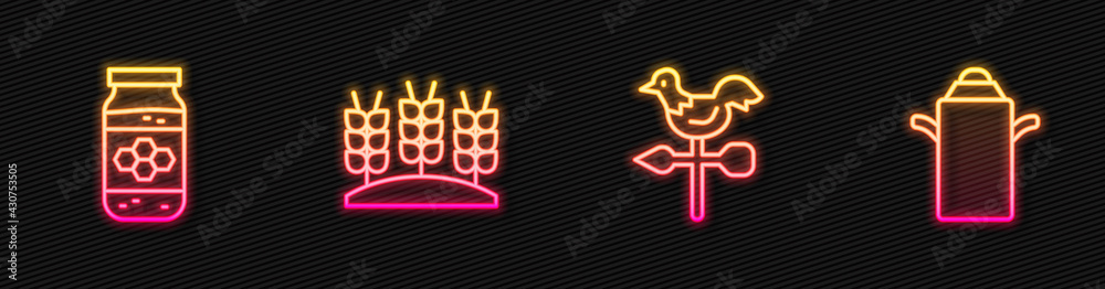 Set line Rooster weather vane, Jar of honey, Wheat and Can container for milk. Glowing neon icon. Ve