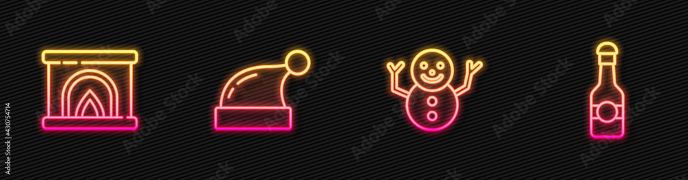 Set line Christmas snowman, Interior fireplace, Santa Claus hat and Champagne bottle. Glowing neon i