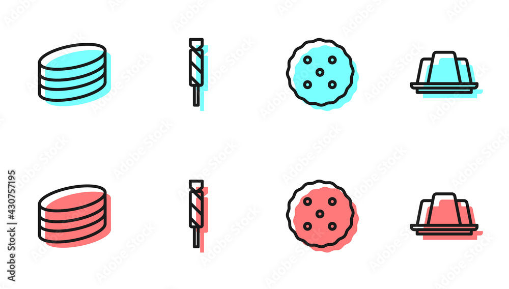 设定饼干或饼干、布朗尼巧克力蛋糕、糖果和果冻图标。矢量