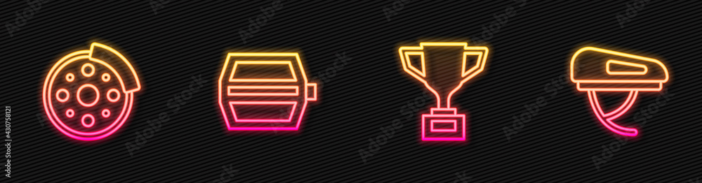 Set line Award cup with bicycle, Bicycle brake disc, pedal and helmet. Glowing neon icon. Vector