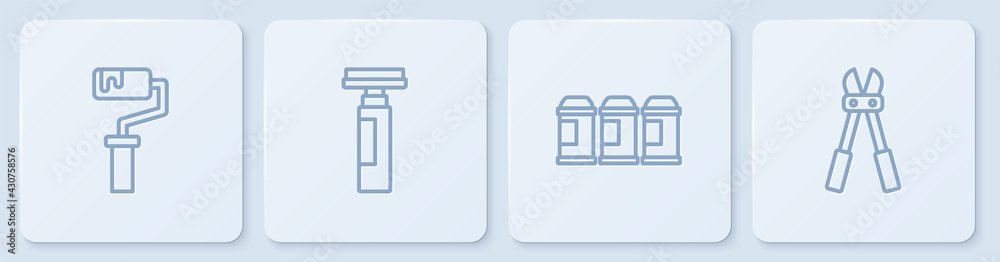Set line油漆滚筒刷、喷雾罐、记号笔和断线钳。白色方形按钮。矢量