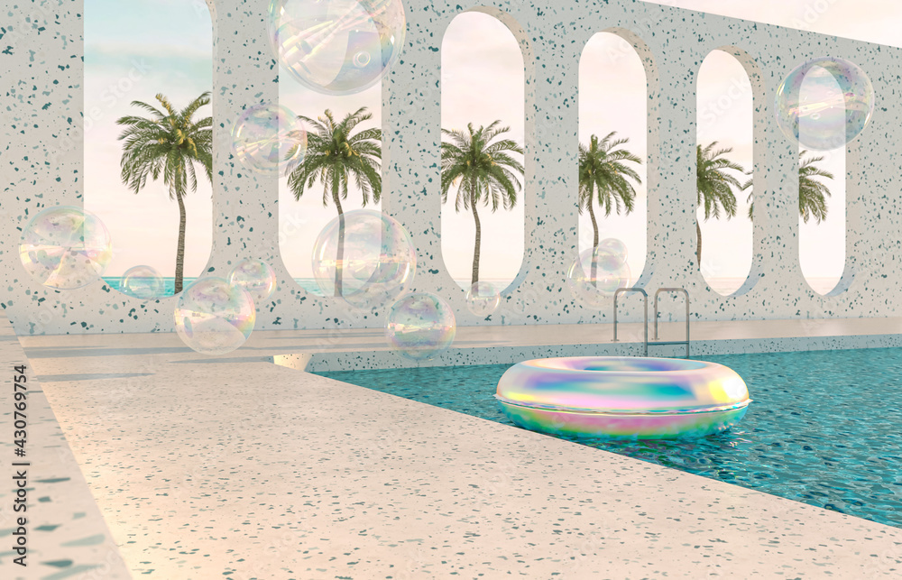 Summer beach scene background with holographic Inflatable ring Pool Float. 3d rendering.