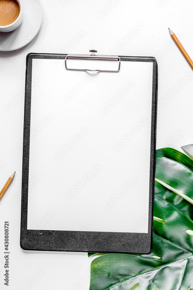 business plan with sketch board on white table background top view mockup