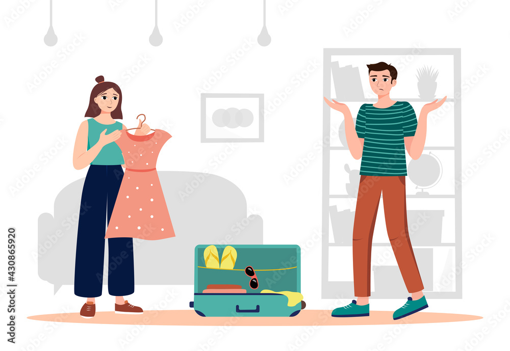 Couple packs luggage for summer trip. Young woman chooses a dress for a vacation. Vector illustratio