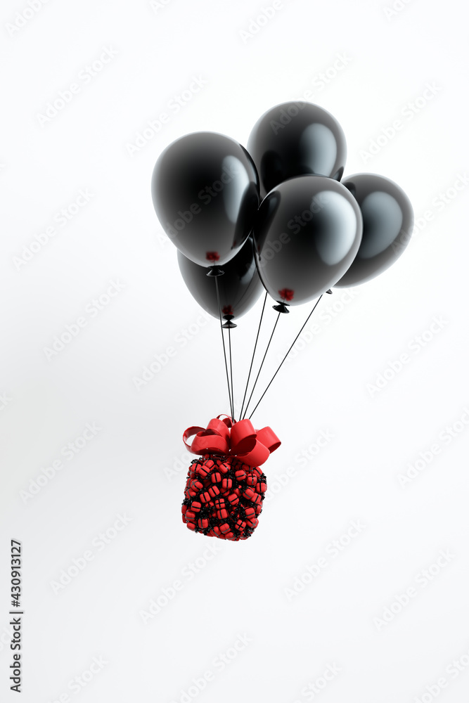 3D rendered gift box balloon scene diagram