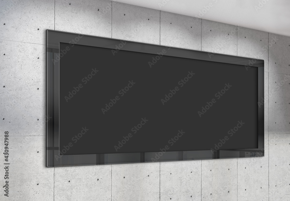 Panoramic frame Mockup hanging on office concrete wall. Mock up of a large billboard in modern compa