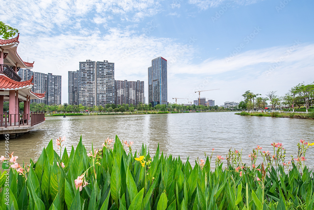 中国广州南沙区蕉门河水岸风光