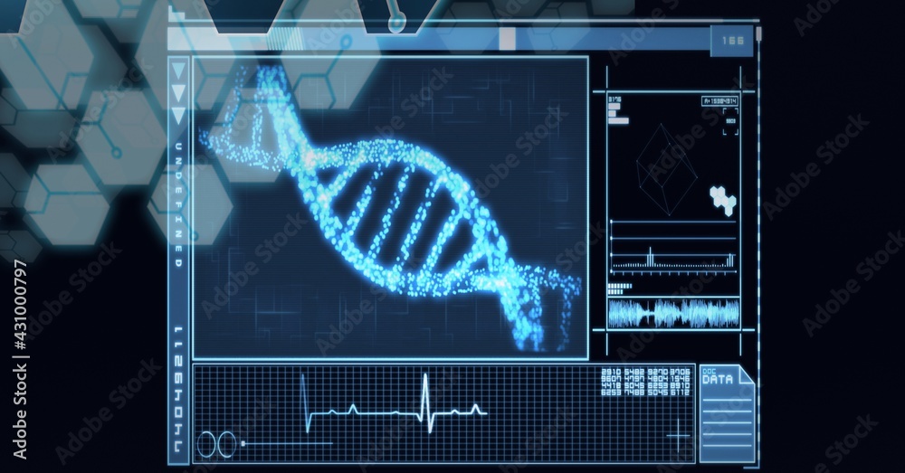 黑色背景下dna链的组成、化合物和科学数据处理