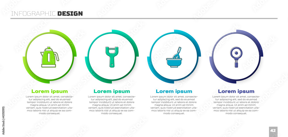 Set Electric kettle, Vegetable peeler, Kitchen whisk with bowl and Frying pan. Business infographic 