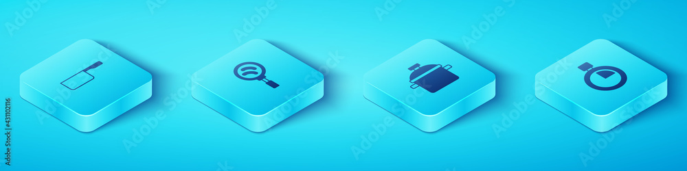 Set Isometric Saucepan, Frying, Stopwatch and Cooking pot icon. Vector