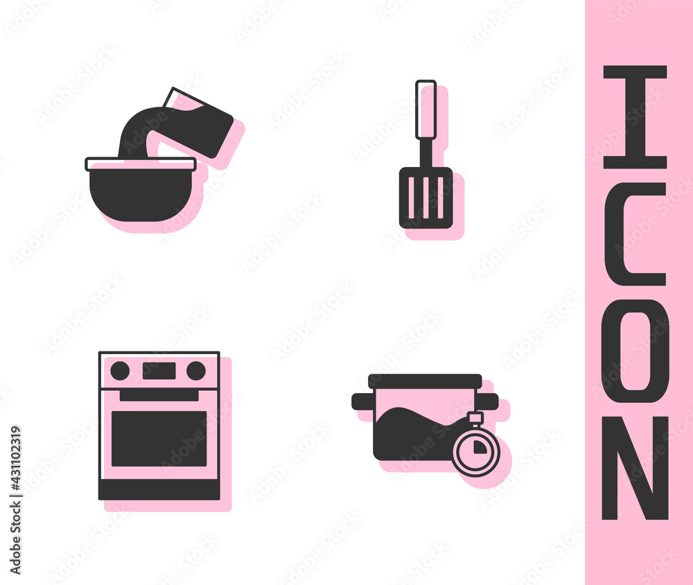 Set Cooking pot, Saucepan, Oven and Barbecue spatula icon. Vector