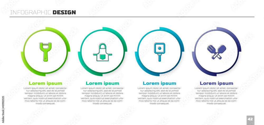 设置蔬菜削皮器、厨房围裙、煎锅和十字叉和勺子。商业信息图项目