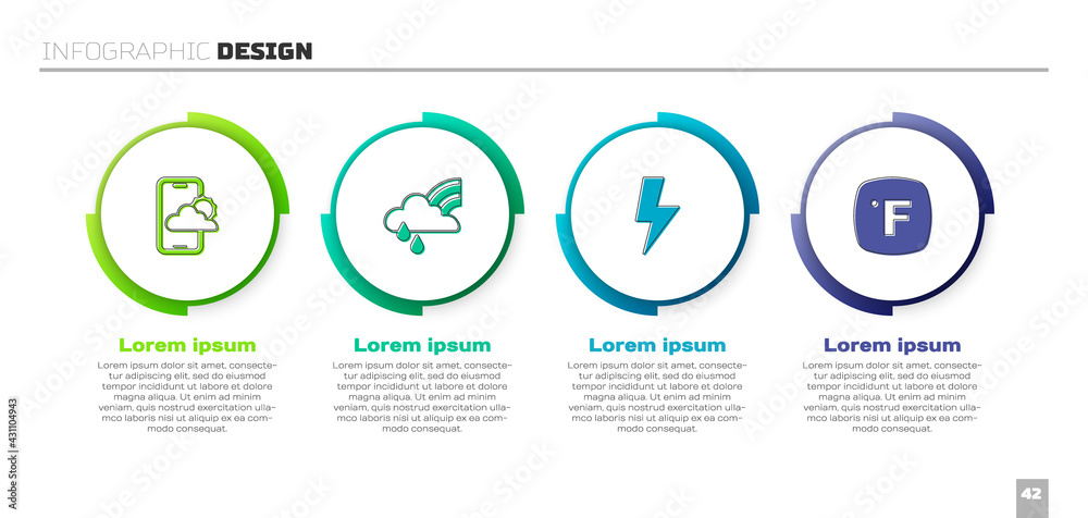 设置天气预报，有云有雨的彩虹，闪电和华氏度。商业信息图