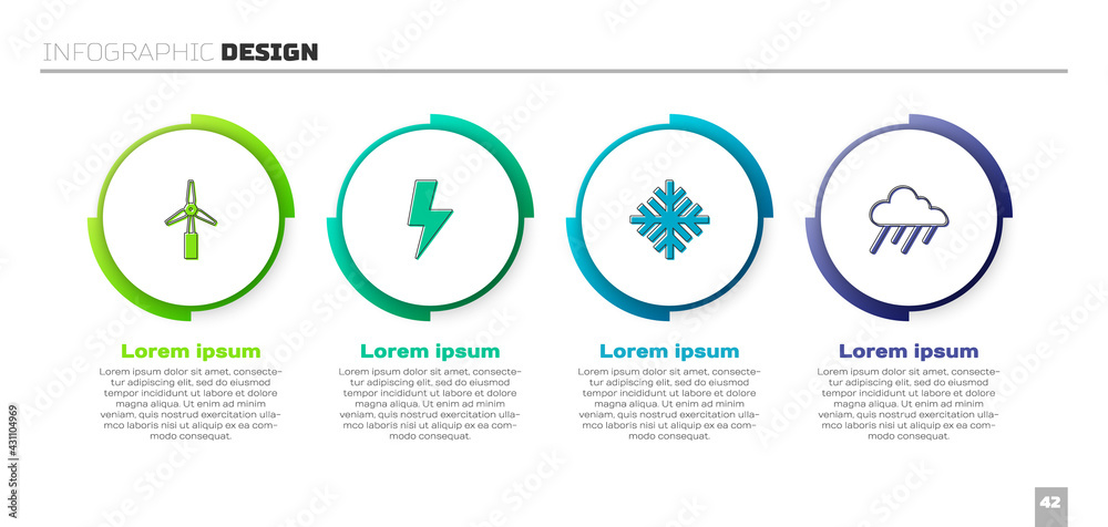 设置风力涡轮机、闪电、雪花和带雨的云。商业信息图模板。Vect