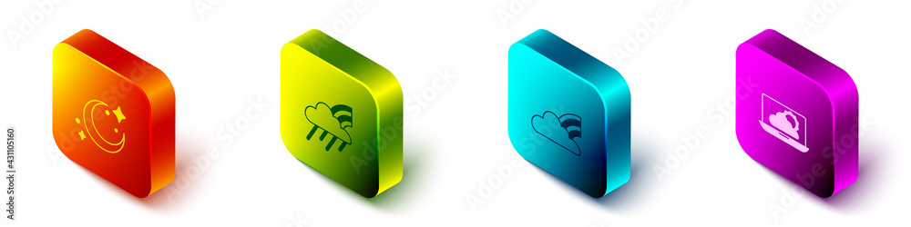 Set Isometric Moon and stars, Rainbow with cloud rain, clouds and Weather forecast icon. Vector