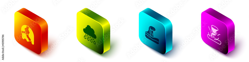 Set Isometric Global warming, Cloud with rain, Tsunami and Tornado icon. Vector