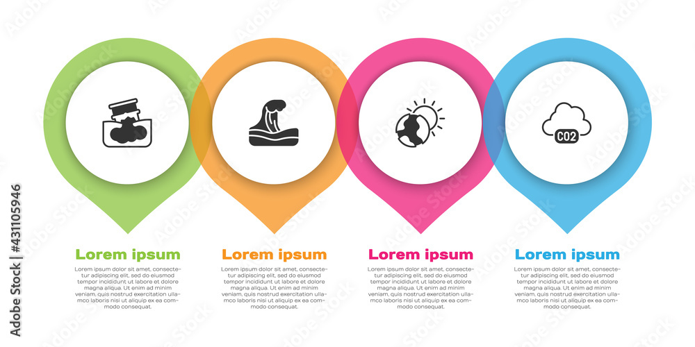 设置桶式漏油、海啸、全球变暖和二氧化碳排放云。商业信息图模板。