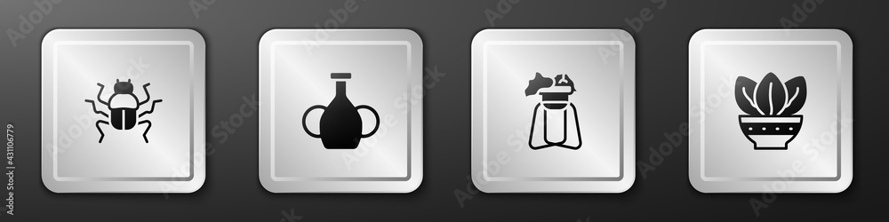 Set Beetle bug, Vase, Plant on stand and in pot icon. Silver square button. Vector