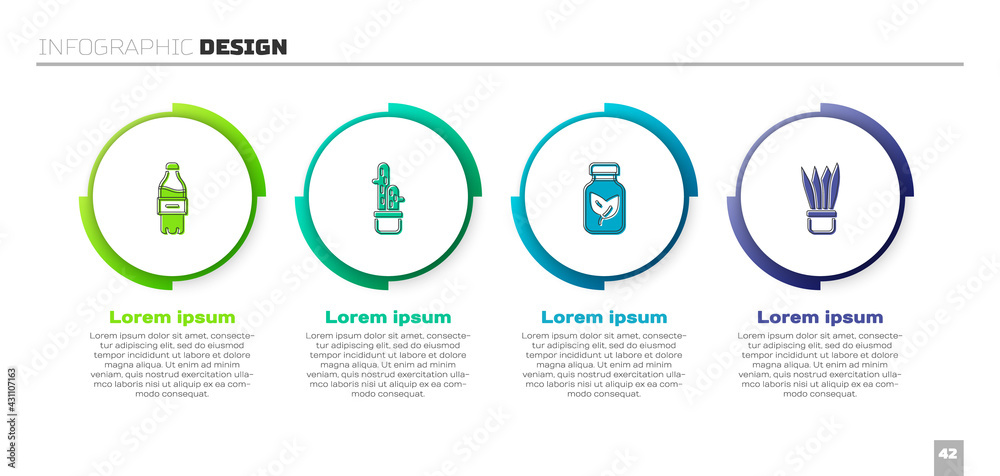 Set Bottle of water, Cactus peyote in pot, Fertilizer bottle and Plant. Business infographic templat