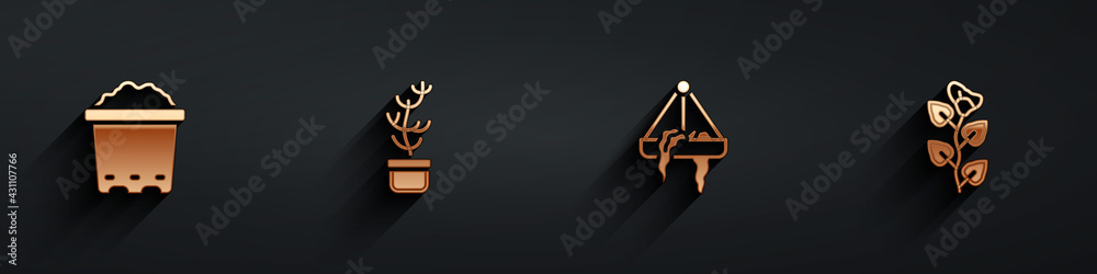 Set Pot with soil, Exotic tropical plant in pot, Plant hanging and Ivy branch icon with long shadow.