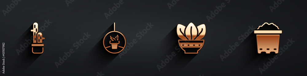 Set Cactus peyote in pot, Plant hanging, and Pot with soil icon with long shadow. Vector