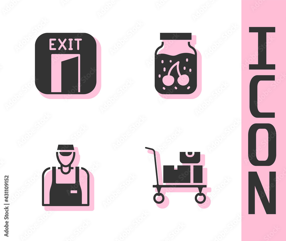 Set Hand truck and boxes, Fire exit, Seller and Jam jar icon. Vector