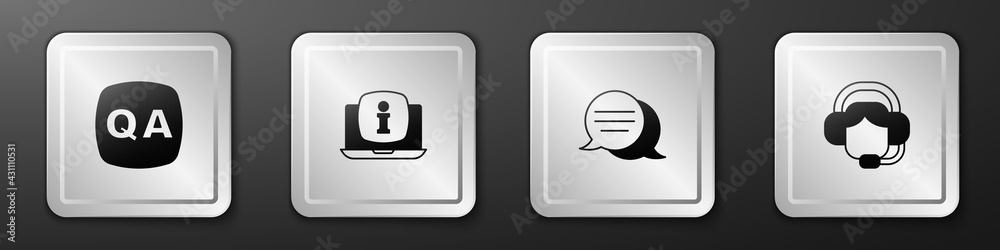 Set Question and Answer, Laptop with information, Speech bubble chat and Woman headset icon. Silver 