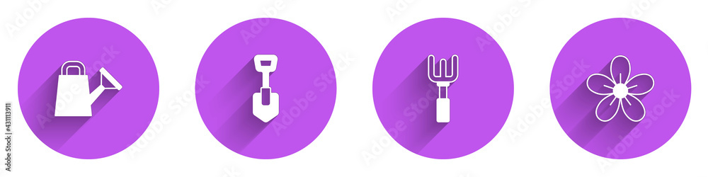 Set Watering can, Shovel, Garden rake and Flower icon with long shadow. Vector