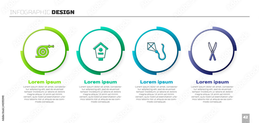 Set Garden hose, Bird house, Kite and Gardening handmade scissors. Business infographic template. Ve