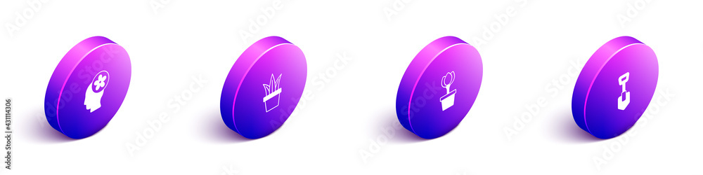 Set Isometric Human head with flower inside, Plant pot, Flower tulip and Shovel icon. Vector