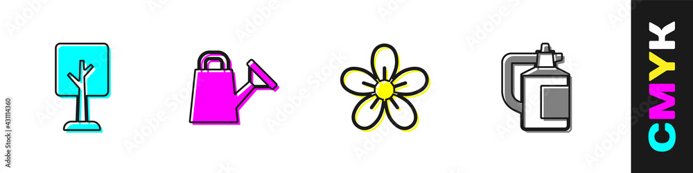 Set Forest, Watering can, Flower and Garden sprayer for fertilizer icon. Vector