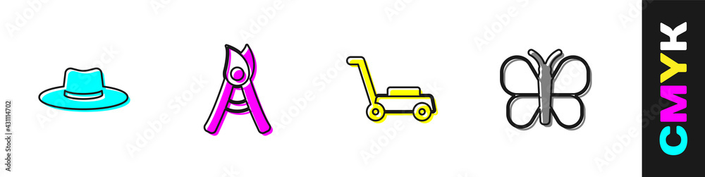 Set Gardener worker hat, Gardening handmade scissors, Lawn mower and Butterfly icon. Vector