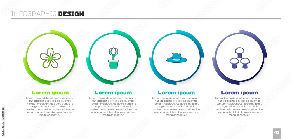 置花、郁金香、园丁工人帽和蘑菇。商业信息图模板。矢量