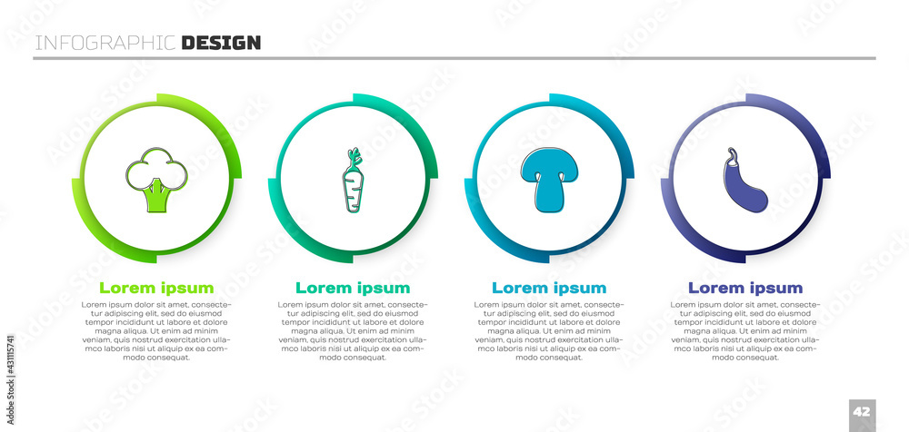 设定西兰花、胡萝卜、蘑菇和茄子。商业信息图模板。矢量