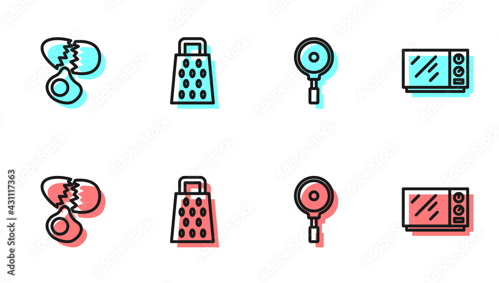 Set line Frying pan, Broken egg, Grater and Microwave oven icon. Vector